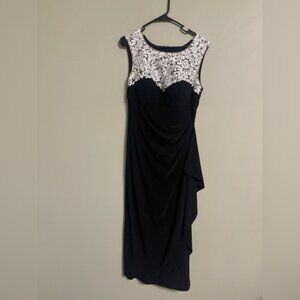 Alex Evening Dress Black Ruched Lace Illusion Neckline Size 10 Formal Maxi